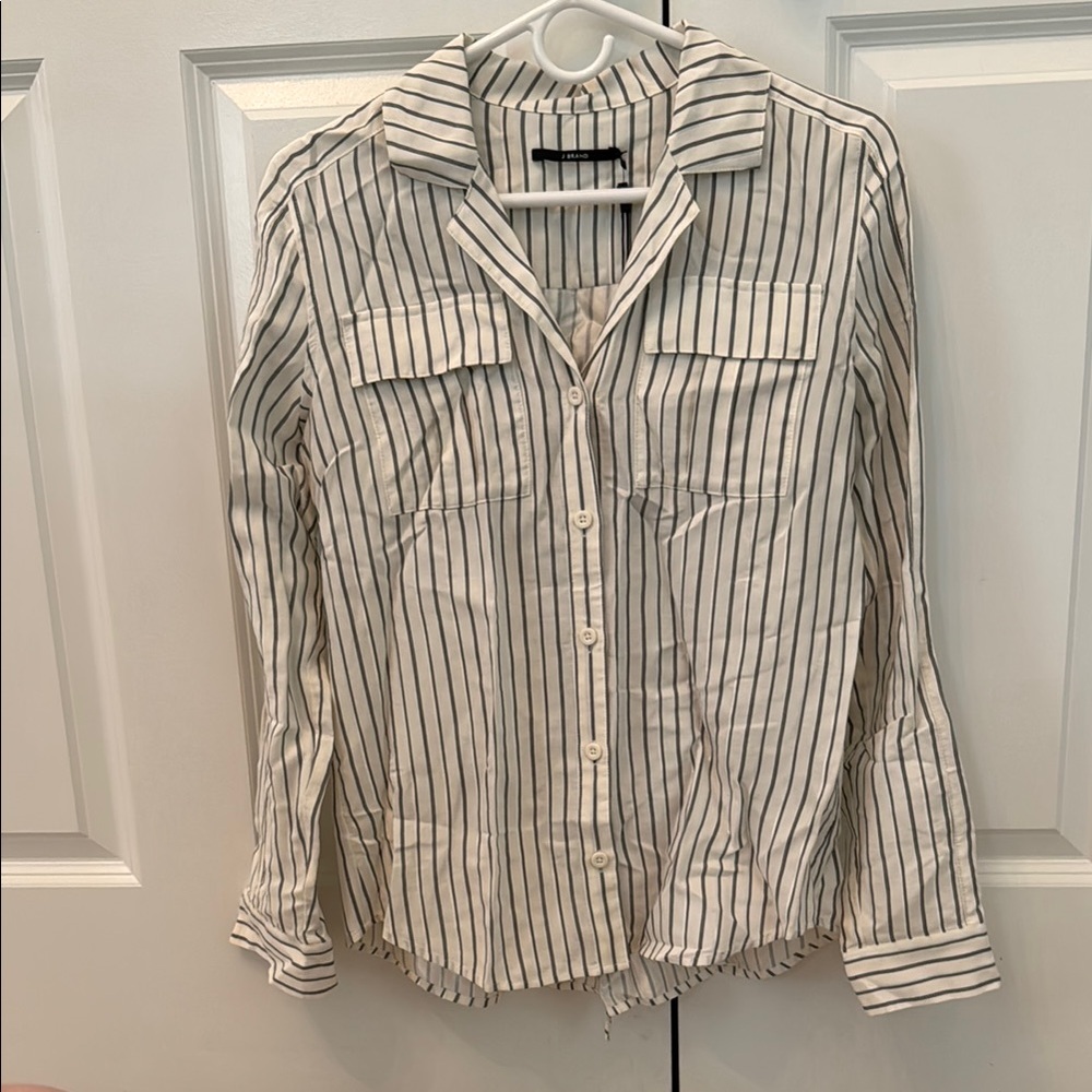 J Brand White and Black Striped Button Down Shirt